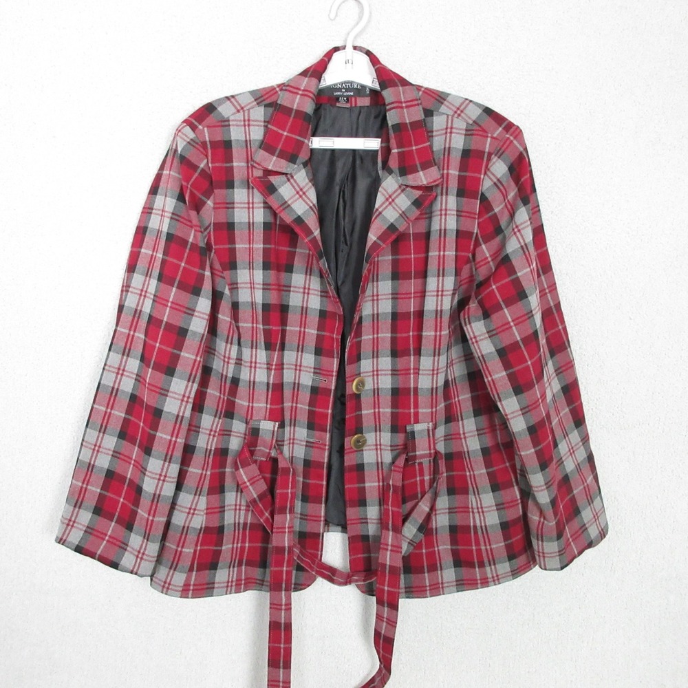 Larry Levine Blazer Womens 22W Red Plaid Belted Button Front Jacket Polyester